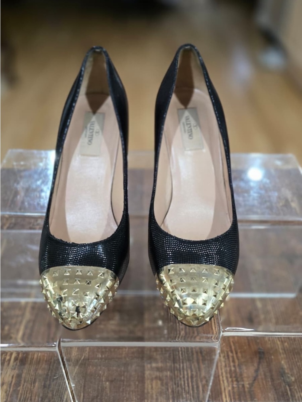 Valentino Black Pumps with Gold Studded Cap Toe